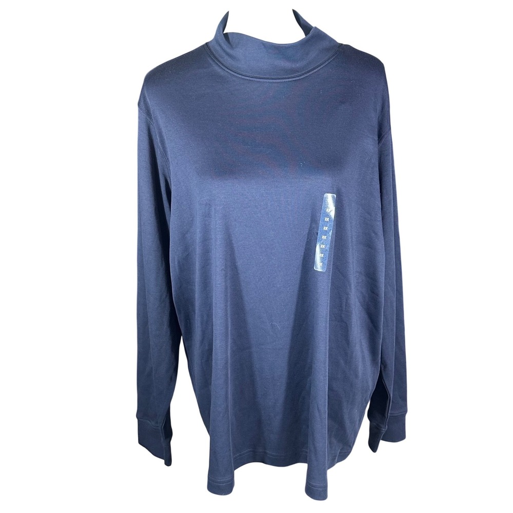 Lands' End Mock Neck NWT Women 2X Navy Blue Long Sleeve Supima Cotton Top